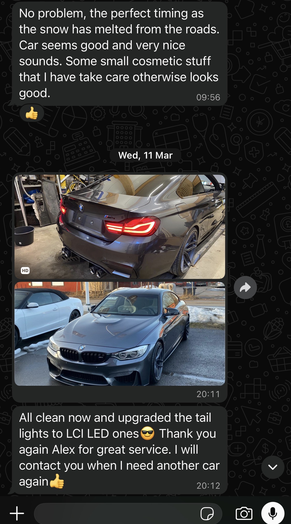 Client conversation about the BMW M4 Carbon delivered to Finland